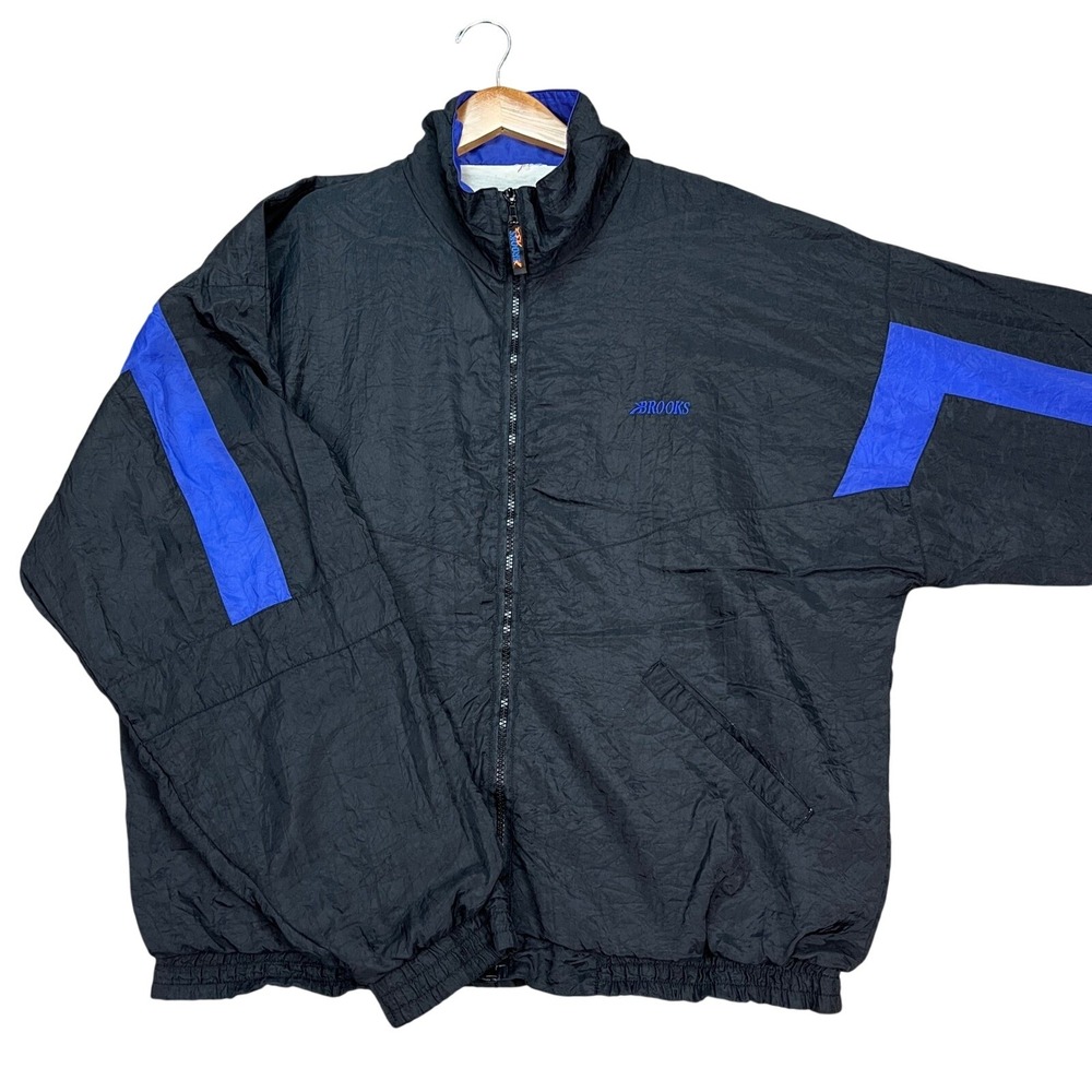 Vintage Brooks Jacket Mens XL Black Blue Colorblock Full Zip Windbreaker Running